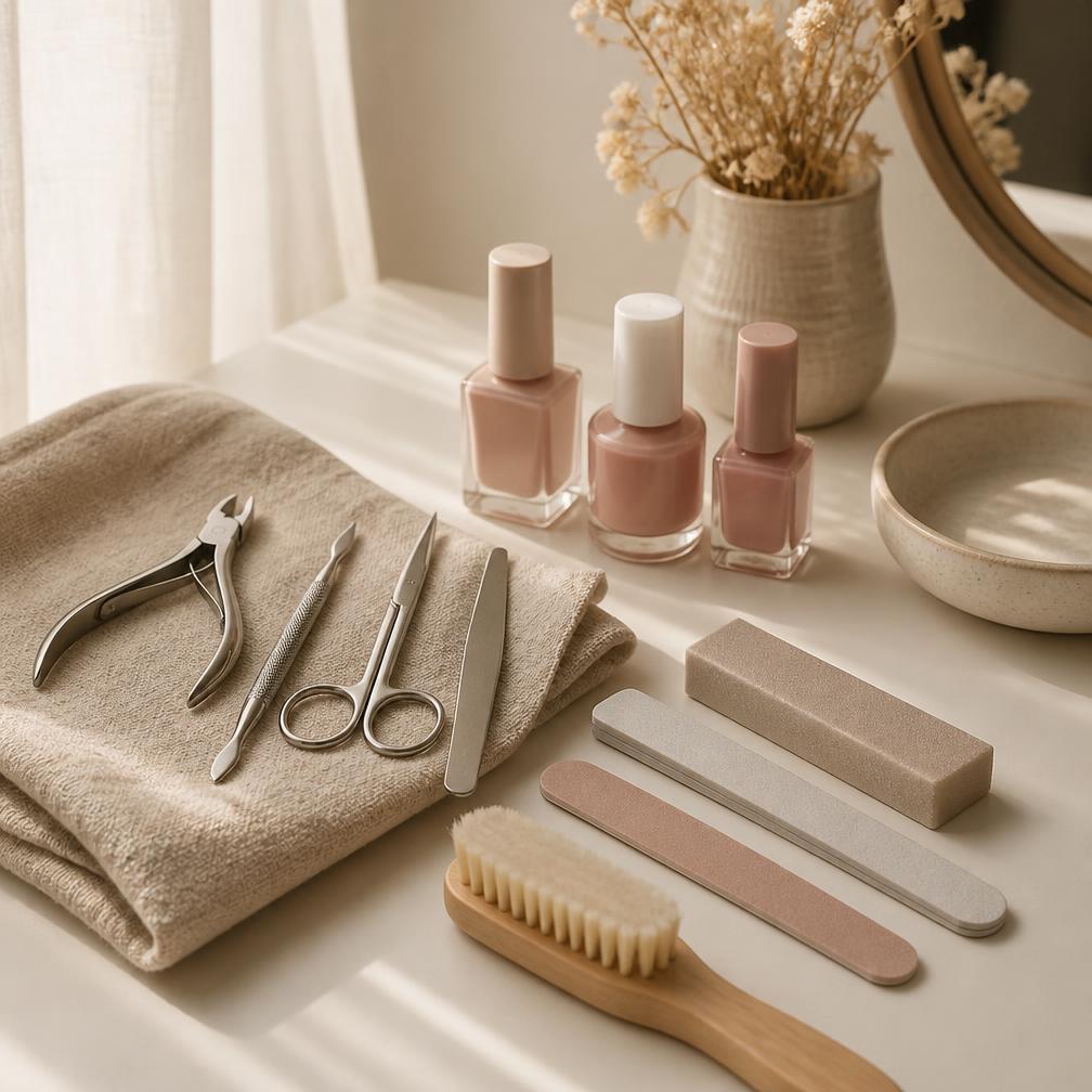 Narzędzia do manicure i lakiery w odcieniach nude