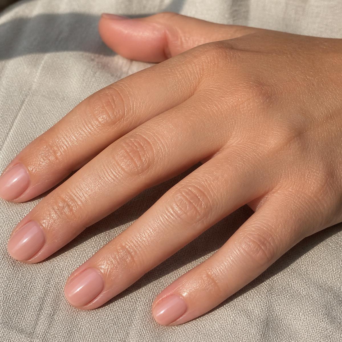 Dłoń z naturalnym manicure hybrydowym w odcieniu nude
